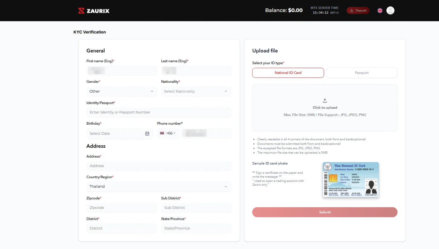 ฟอร์ม KYC Verification ในหน้า Portal ของ Zaurix ฝั่งซ้ายเป็นช่องข้อมูลส่วนตัวและที่อยู่ ฝั่งขวาเป็นช่องอัปโหลดบัตรประชาชนหรือพาสปอร์ต