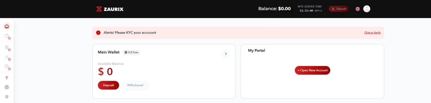 หน้าแรกของ Portal ของ Zaurix มีแถบแจ้งเตือน KYC กล่อง Main Wallet และกล่อง My Portal ที่มีปุ่ม + Open New Account