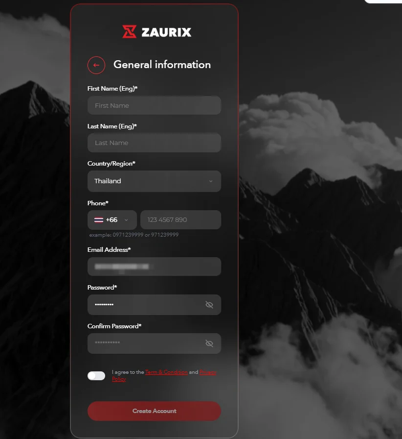 ฟอร์ม General information บนหน้าสมัครของ Zaurix มีช่องชื่อ นามสกุล ประเทศ เบอร์โทร อีเมล และรหัสผ่าน พร้อมปุ่ม Create Account