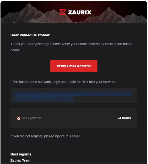 อีเมลยืนยันจาก Zaurix มีปุ่ม Verify Email Address และบรรทัดบอกว่าลิงก์หมดอายุใน 24 ชั่วโมง