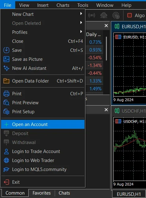 เมนู File ของ MT5 บน Windows ไฮไลต์ที่รายการ Open an Account และมีรายการ Login to Trade Account อยู่ถัดลงไป