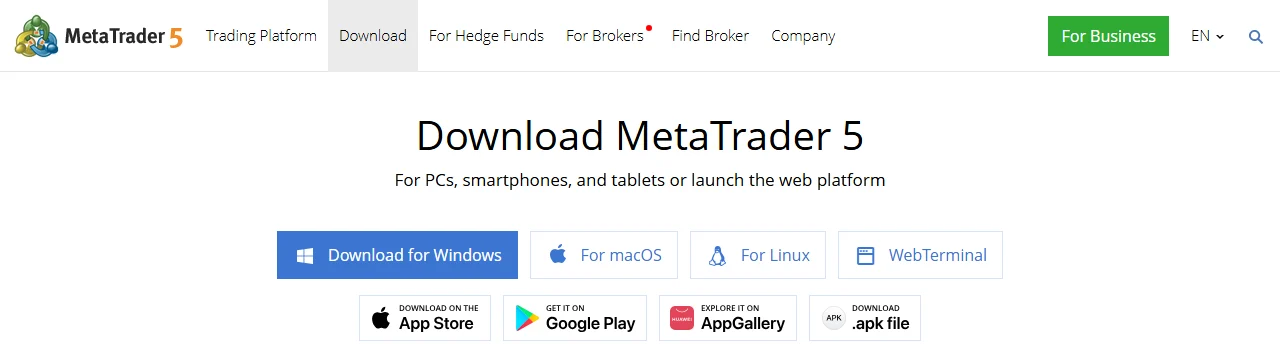 หน้า Download MetaTrader 5 บนเว็บไซต์ metatrader5.com มีปุ่ม Download for Windows และปุ่มไปยัง App Store กับ Google Play